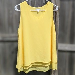 Yellow sleeveless blouse, sz S. Tiered, flowy, v-neck